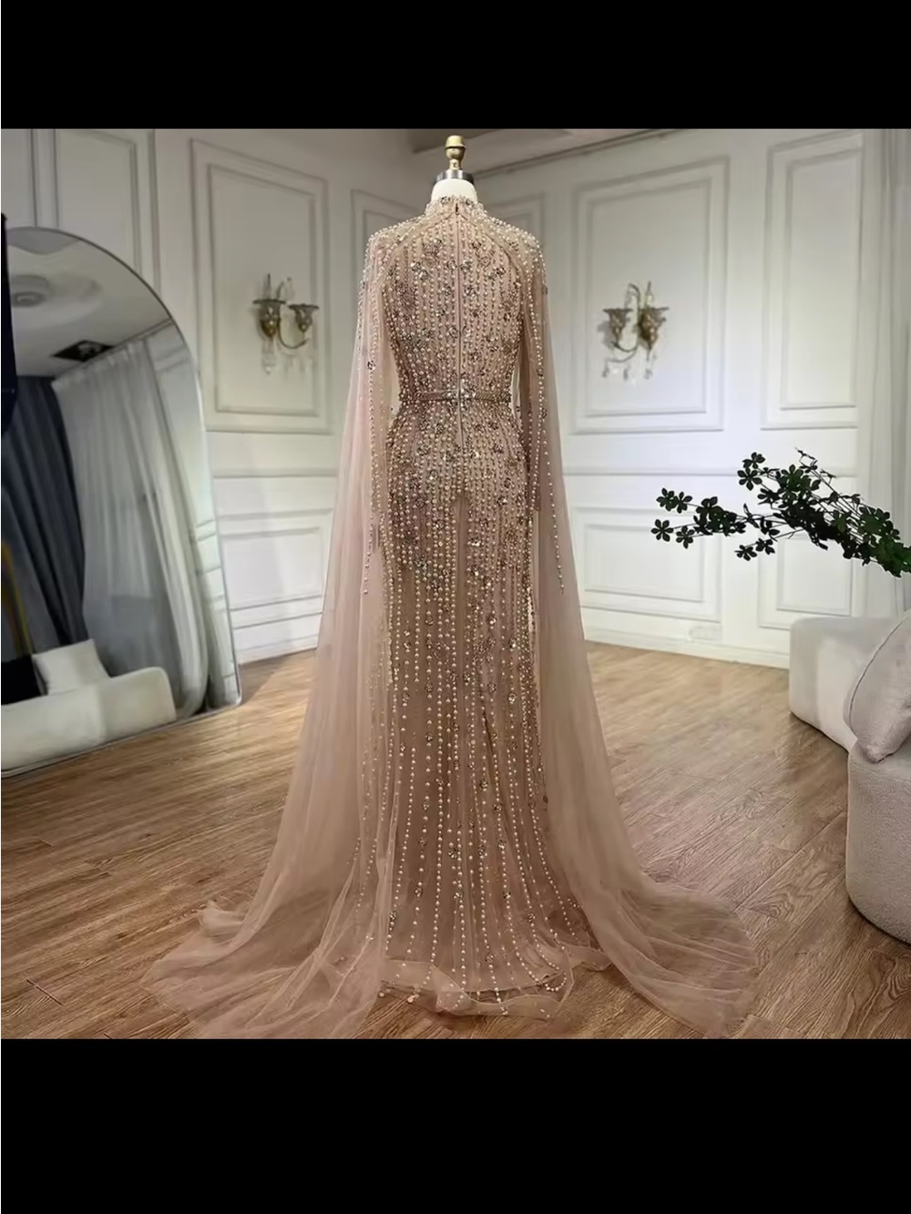 Elegant Nude Beaded High-Neck Evening Gown - Picture 3 of 4